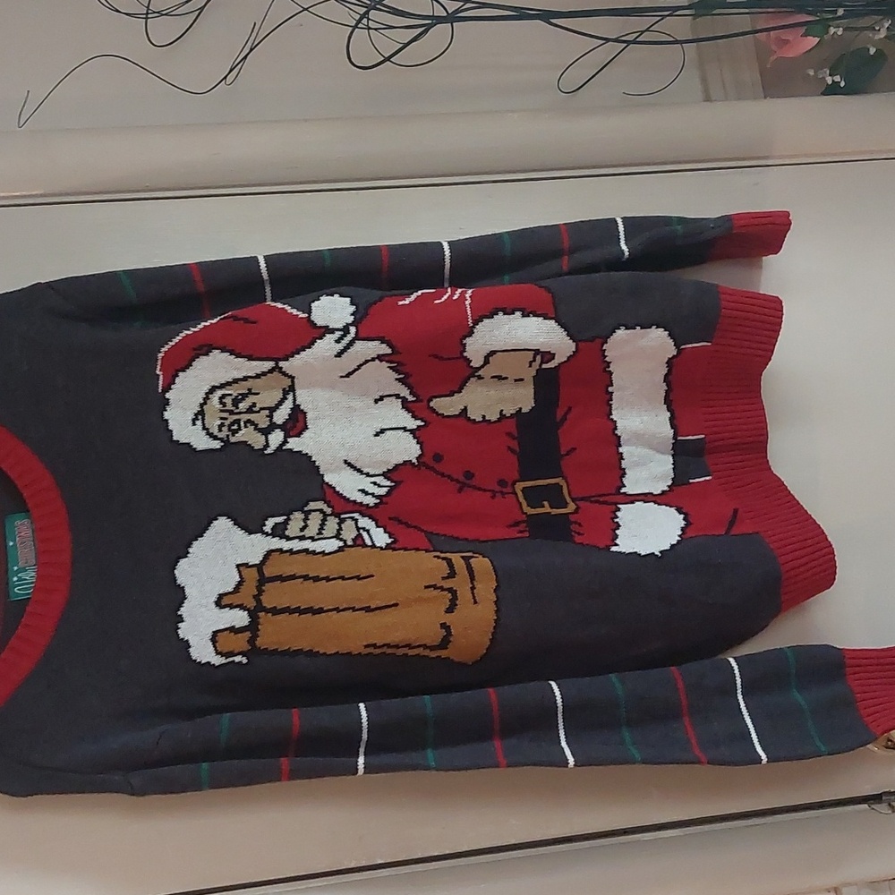 Ugly Christmas Sweater Dark Gray Red Multi Santa Holding A Tasty Beverage Sz L - Picture 11 of 16